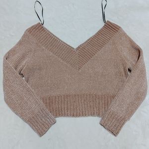 Divided V-neck Cropped Long Sleeve Sweater